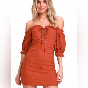 Lulus Dress Sz XL See Ya Later Terra Cotta Off-the-Shoulder Lace-Up 100% Cotton
